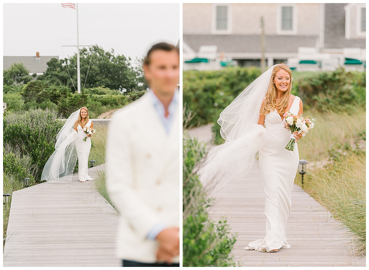 Liz walks towards Jared for a First look at their Wauwinet Micro Wedding on Nantucket