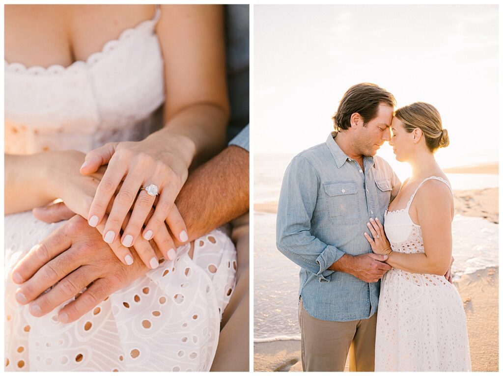 Calista and David hold hands in the golden hour light at the beach during their nantucket engagement photos. 